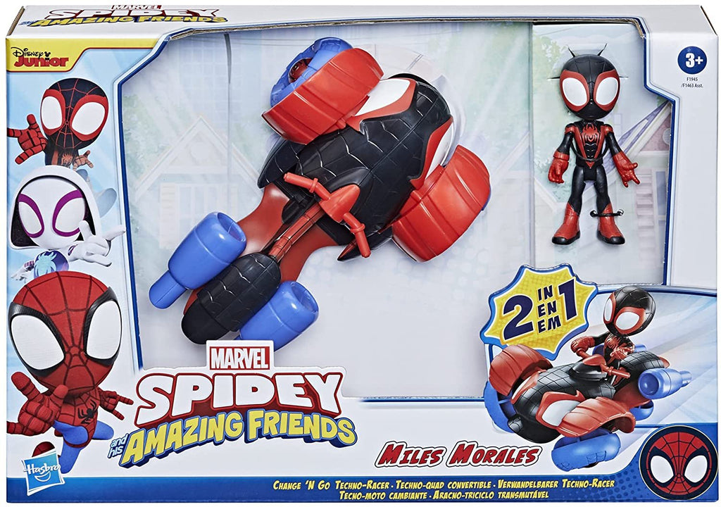 Marvel Spidey and His Amazing Friends Change 'N Go Techno-Racer Vehicle and Miles Morales: Spider-Man 4-inch Action Figure, for Kids Ages 3 and Up , Black