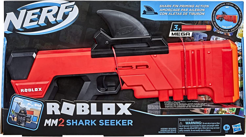 NERF Roblox MM2: Shark Seeker Dart Blaster, Shark-Fin Priming, 3 Mega Darts, Code to Unlock in-Game Virtual Item