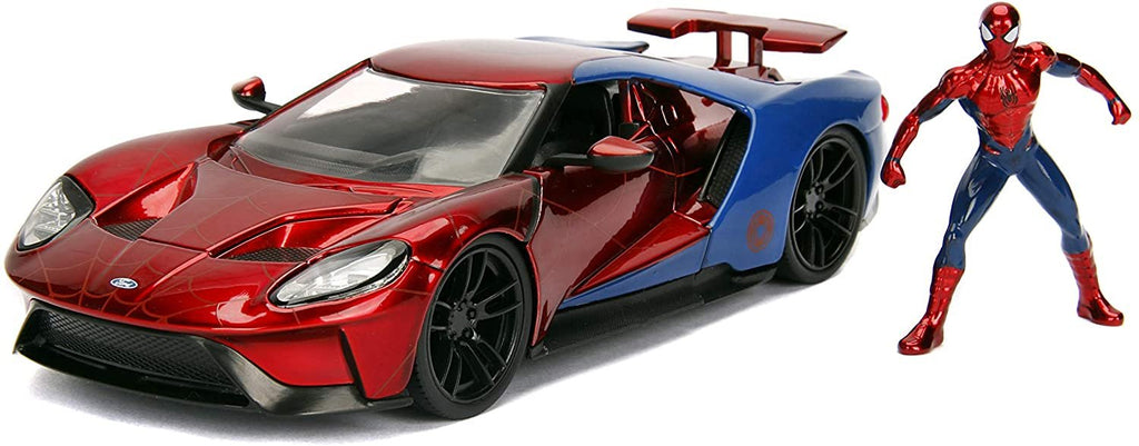 Jada Toys Marvel 1:24 2017 Ford GT Die-cast Car with 2.75" Spider-Man Figure, Toys for Kids and Adults, Red/Blue (99725)