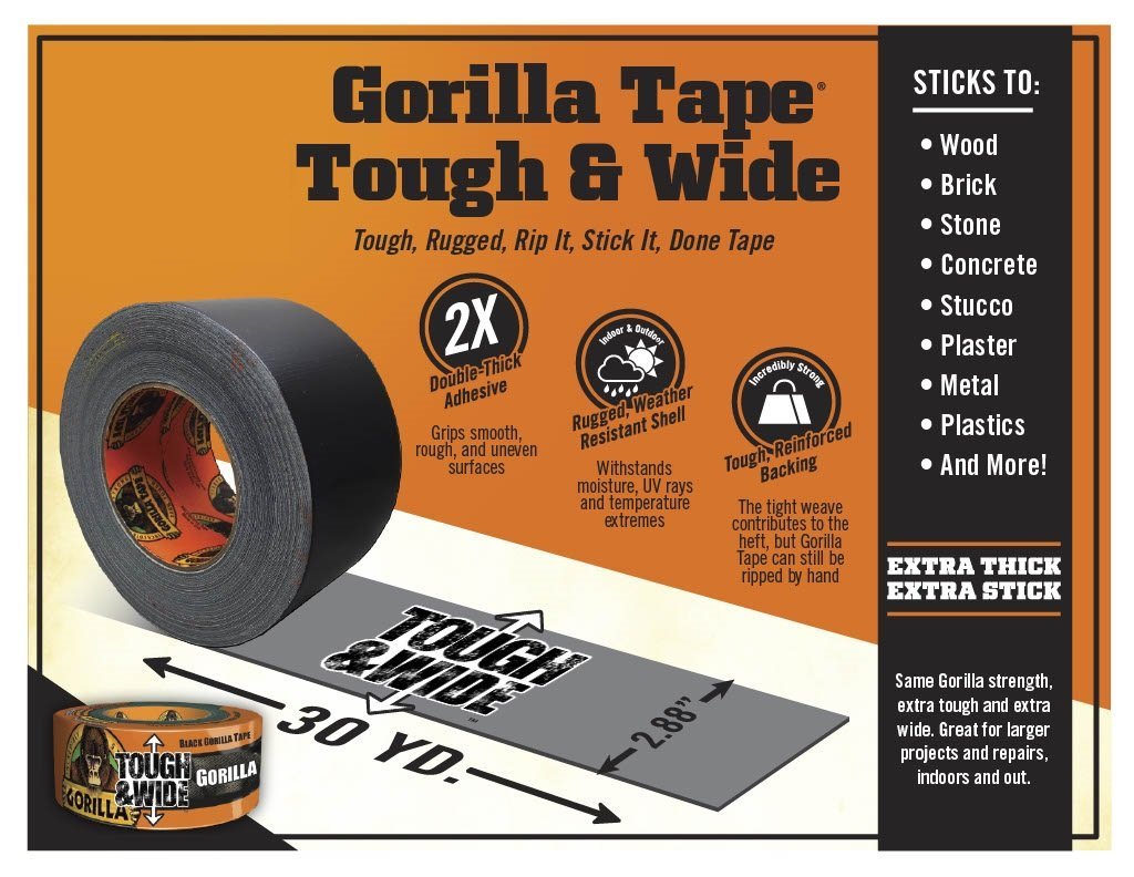 Gorilla Tape, Black Tough & Wide Duct Tape, 2.88" x 30 yd, Black