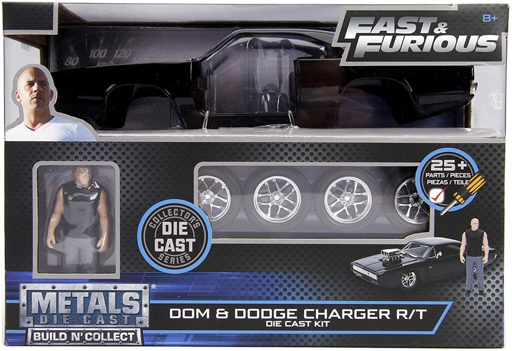 Jada Toys Fast & Furious Dom & Dodge Charger R/T, 1:24 Scale Build n' Collect Die-Cast Model Kit with 2.75" Die-Cast Figure, Black