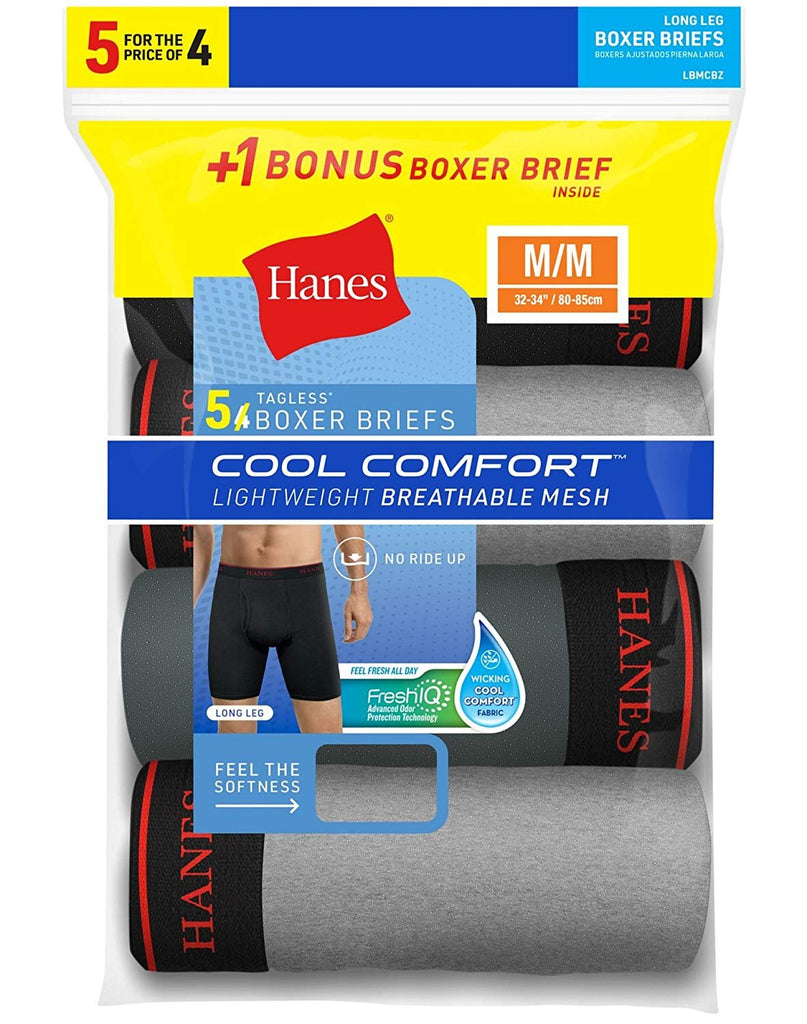 Hanes Mens FreshIQ Cool Comfort Breathable Mesh Long Leg Boxer Brief 5-Pack (LBMCBZ)