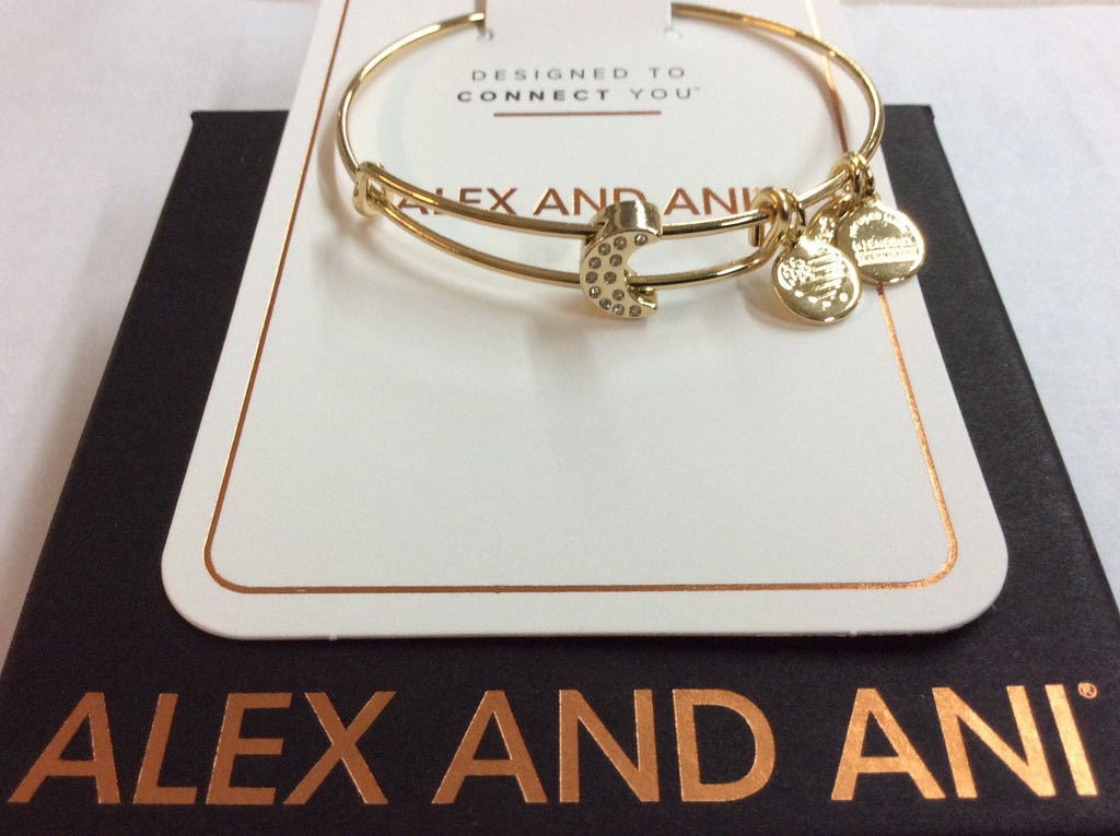 Alex and Ani Pave Moon Symbol Bead Bangle Bracelet Shiny Gold One Size