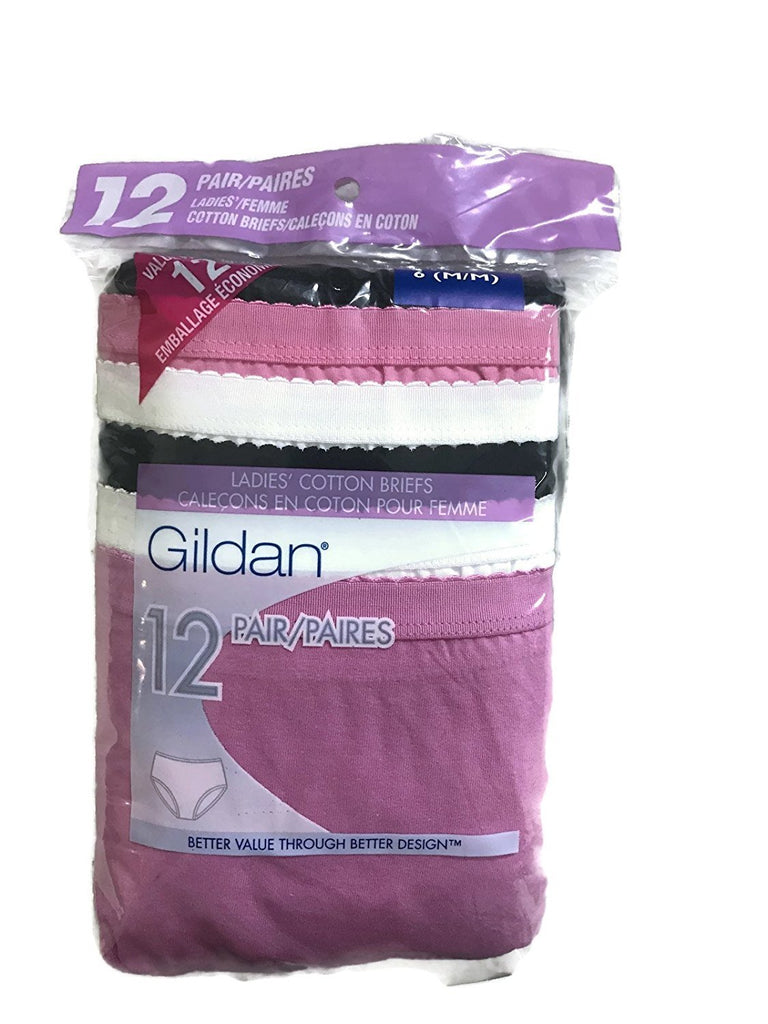 Gildan Womenâ€™s 100% Cotton Briefs 12-Pack Value Pack Black White Pink All Sizes