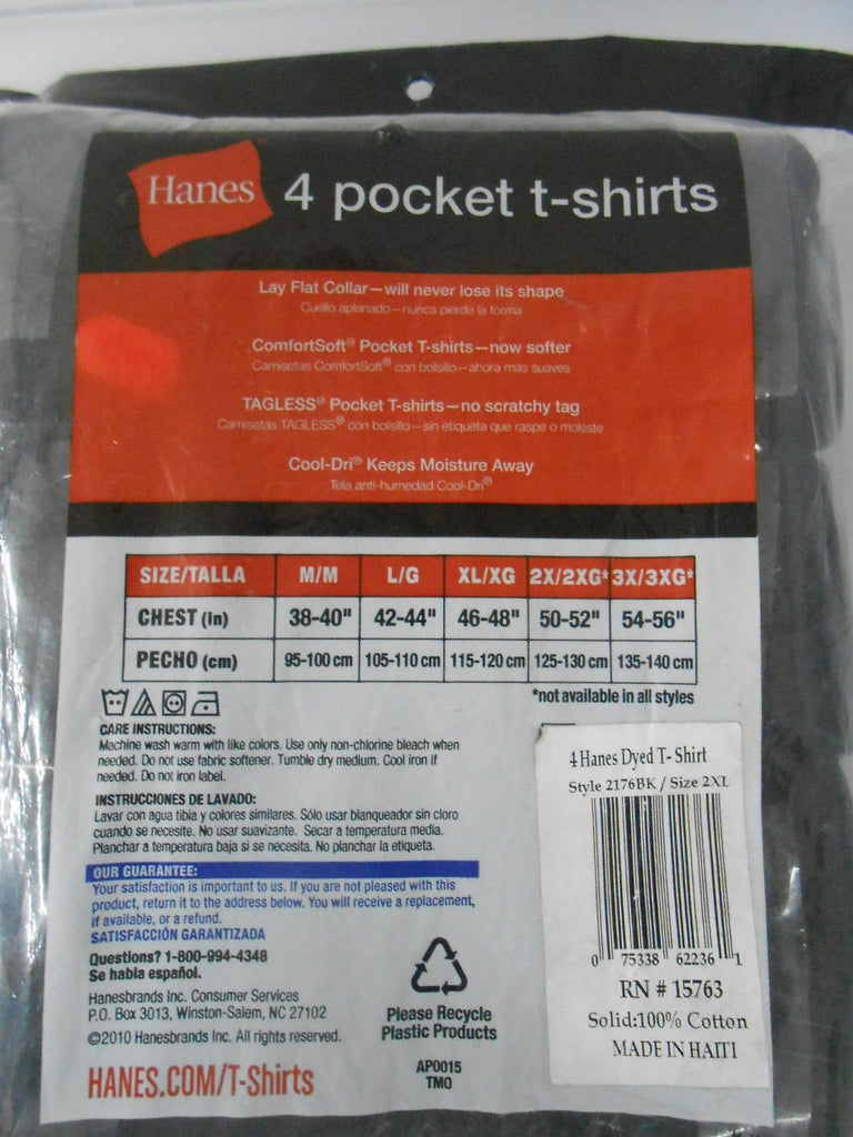 Hanes Men's Pocket T-shirts 4-pack Sizes M-3X Black, Gray, Red or Blue