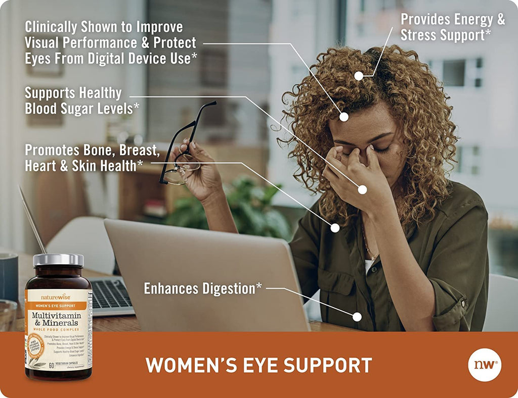 NatureWise Women's Eye Support Whole Food Multivitamin for Eye Health, Blue Light Defense with Chelated Multi Minerals, Lutemax 2020, and Zeaxanthin (Packaging May Vary) [1 Month Supply - 60 Capsules]