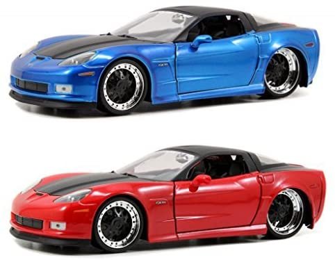 Set of 2 Jada Bigtime Muscle 2006 Chevy Corvette Z06 with Atomic Rims 1:24 Scale (Red)