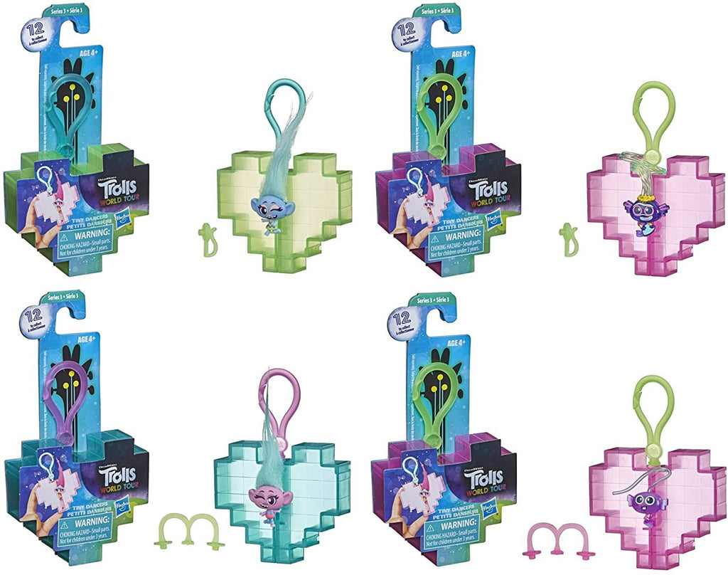 Trolls DreamWorks World Tour Tiny Dancers Surprise 4-Pack Series 3, Tiny Dancers Dolls, Clips, Rings, and Glasses, Toy for Kids 4 and Up
