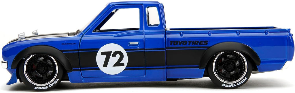 Just Trucks 1:24 Datsun 620 Pickup Die-Cast Truck w/Tire Rack, Toys for Kids and Adults(Blue/Black Stripe)