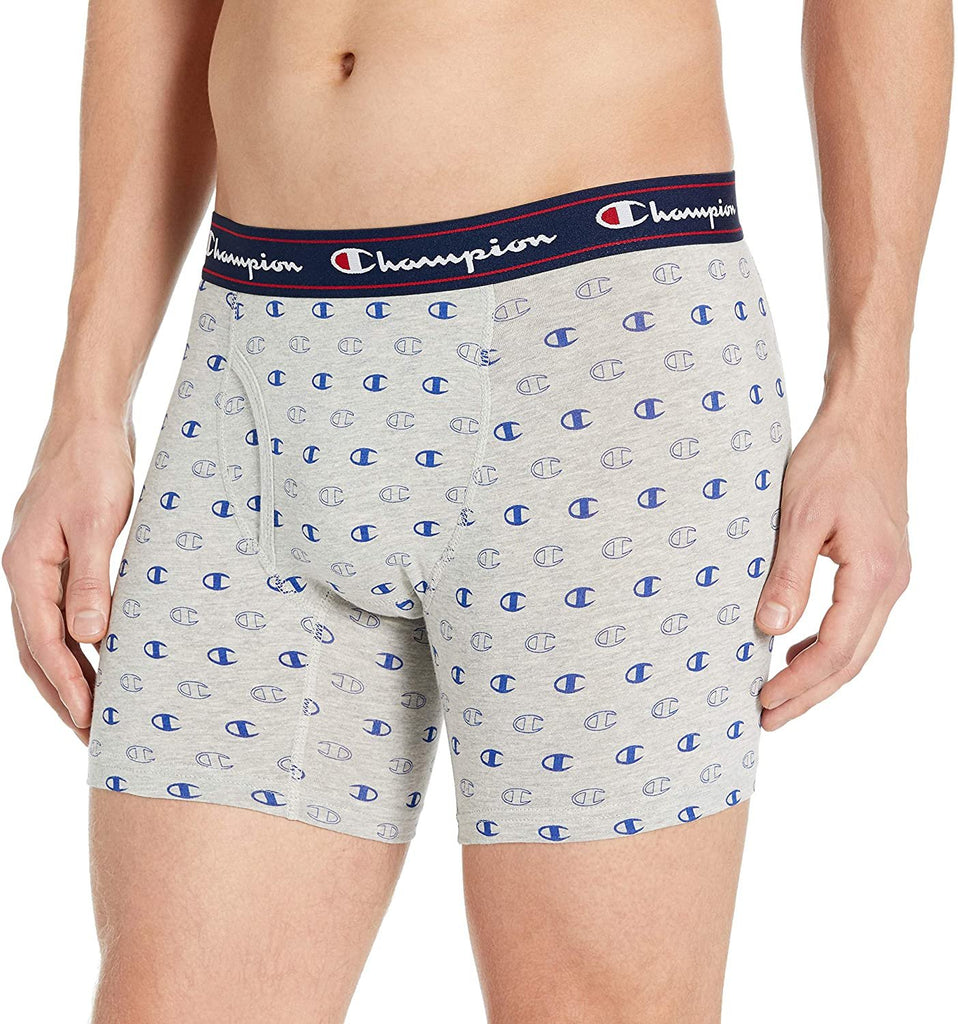 Champion Men's P2 Knit Boxer Brief, Oxford Grey/surf The Web, Medium