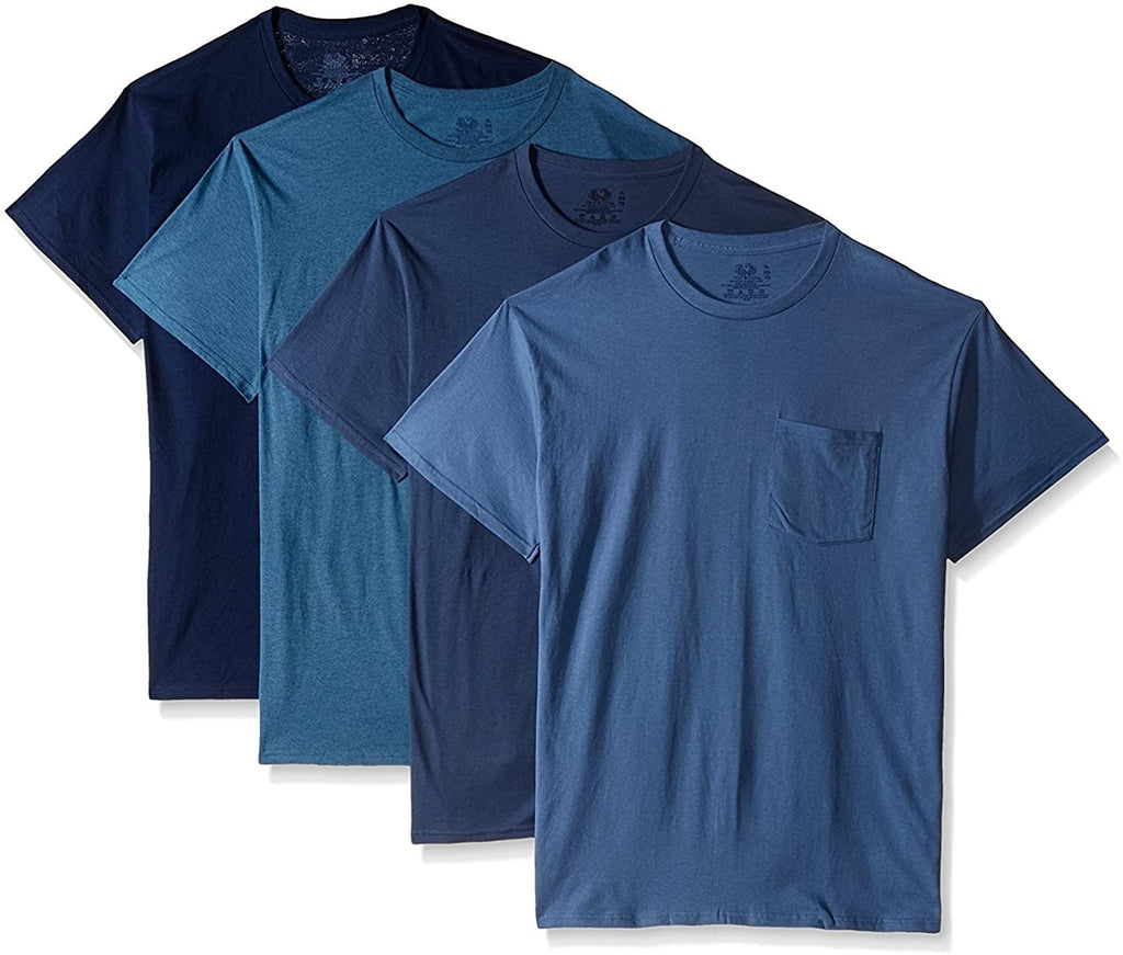 Fruit of The Loom Men's Pocket Crewneck T-Shirts, Assorted Blues, X-Large/46-48" Chest (Pack of 4)