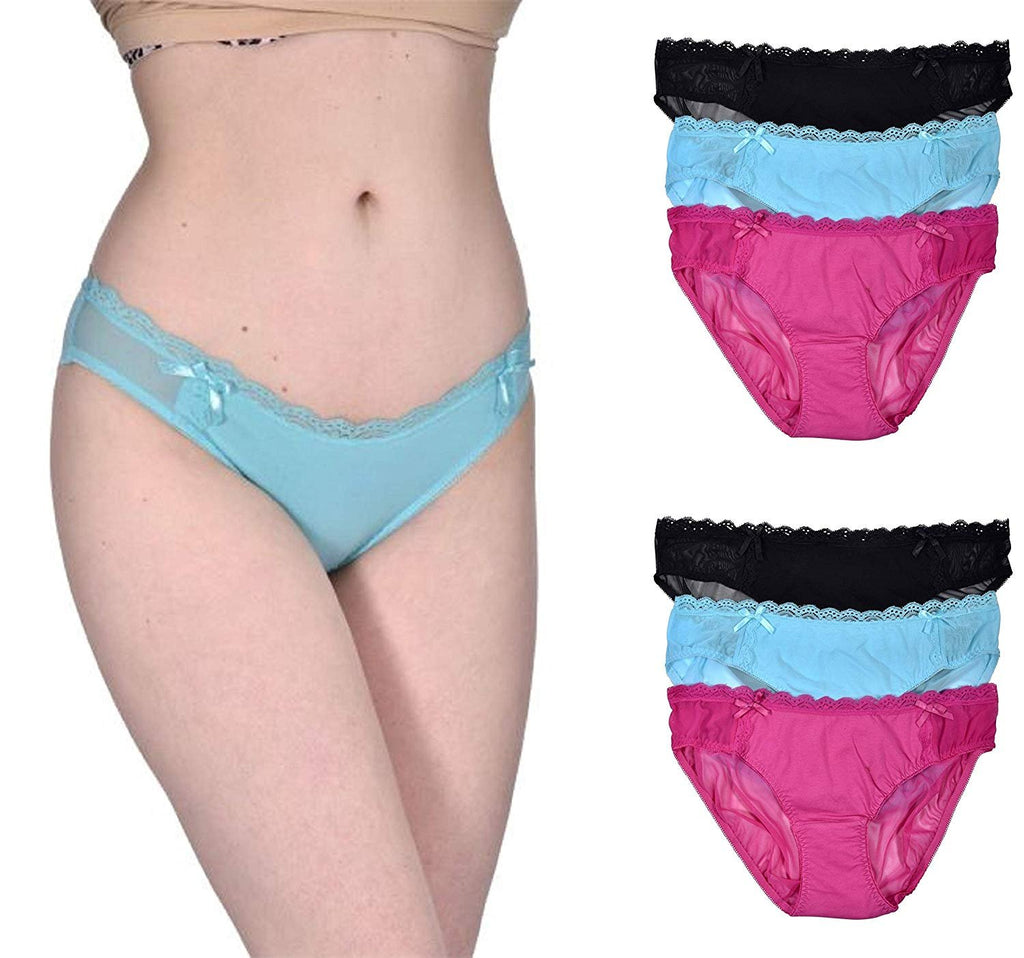 Elle Women's Bikinis Panties - 6-Pack Cotton/Spandex Bikini Lace Waistband Mesh Sides