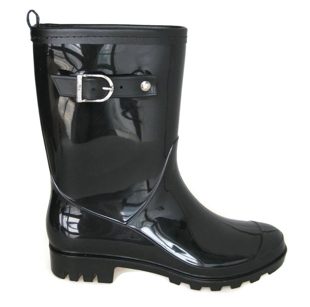 BRAND NEW STYLE Ladies Black Shiny Rain Boots with Buckle - SKADOO- Sizes 5-11