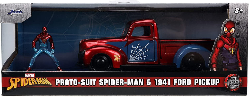 Jada Toys Marvel 1:32 1941 Ford Pickup Die-cast Car & 1.65" Proto-Suit Spider-Man Die-cast Figure, Toys for Kids Ages 8+