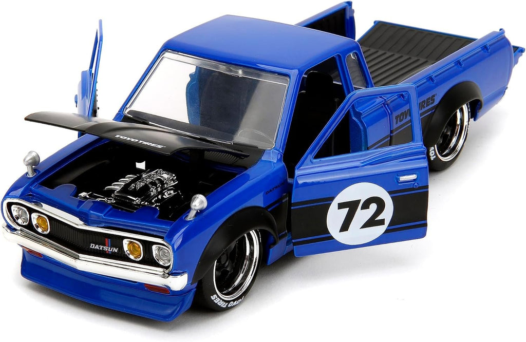 Just Trucks 1:24 Datsun 620 Pickup Die-Cast Truck w/Tire Rack, Toys for Kids and Adults(Blue/Black Stripe)