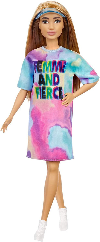 Barbie Fashionistas Doll # 159, Petite, with Light Brown Hair Wearing Tie-Dye T-Shirt Dress, White Shoes & Visor, Toy for Kids 3 to 8 Years Old
