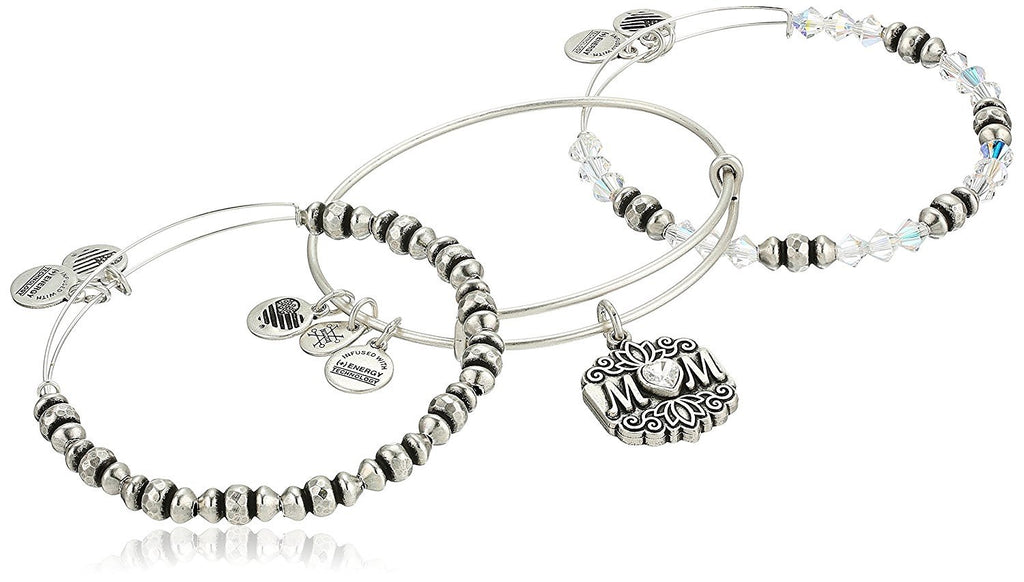 Alex and Ani Women's Mom Set of 3 Bangle Bracelet, Rafaelian Silver, Expandable