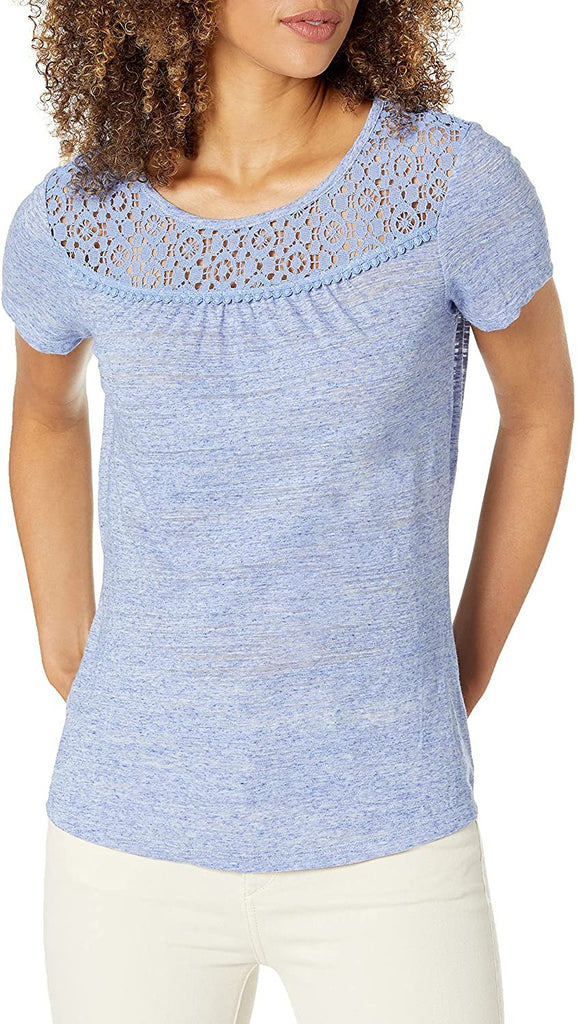 Hanes Women's Short Sleeve Peasant Lace Tee, New Blue Dream, Large