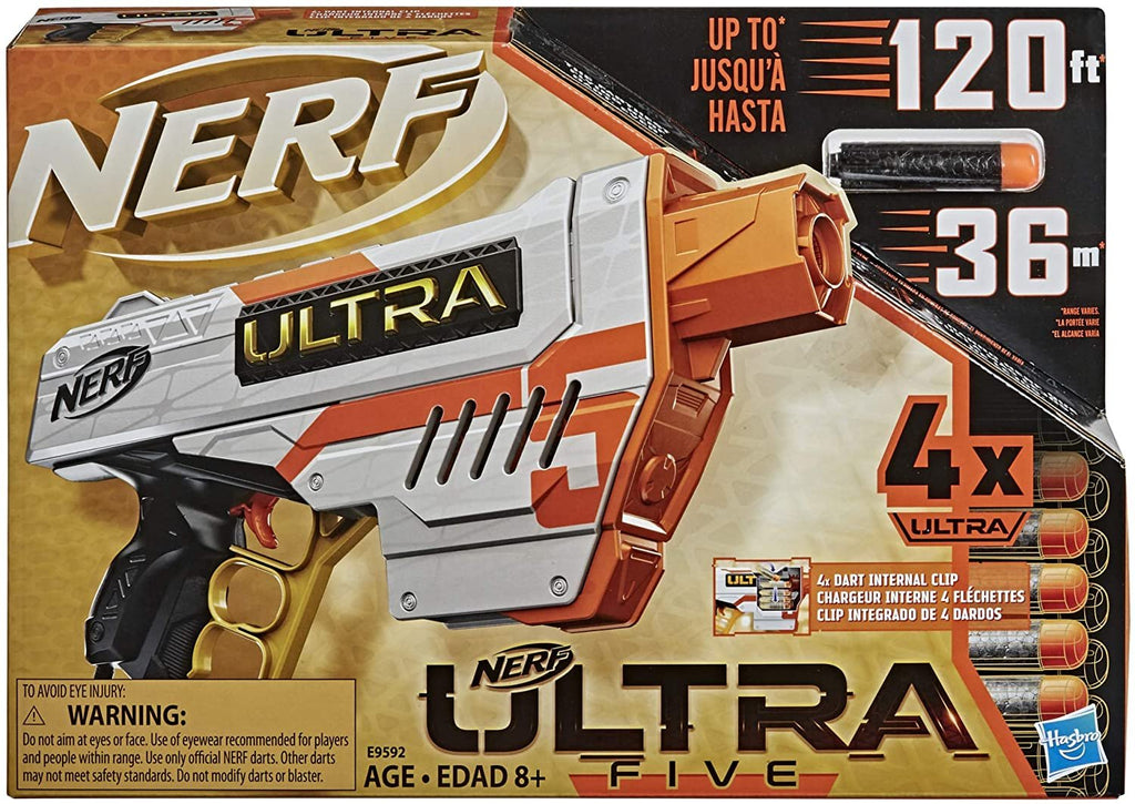 NERF Ultra Five Blaster -- 4-Dart Internal Clip, 4 Ultra Darts, Dart Storage -- Compatible Only Ultra Darts