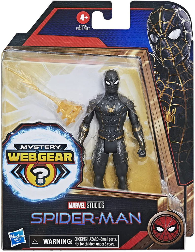 Spider-Man Marvel 6-Inch Mystery Web Gear Black and Gold Suit Action Figure, Includes Mystery Web Gear Armor Accessory and Character Accessory, Ages 4 and Up