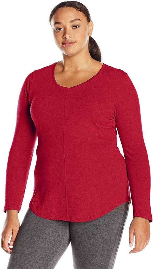 JUST MY SIZE Women's Pluslong Sleeve V-Neck Tee, Cameo Red, 1XL