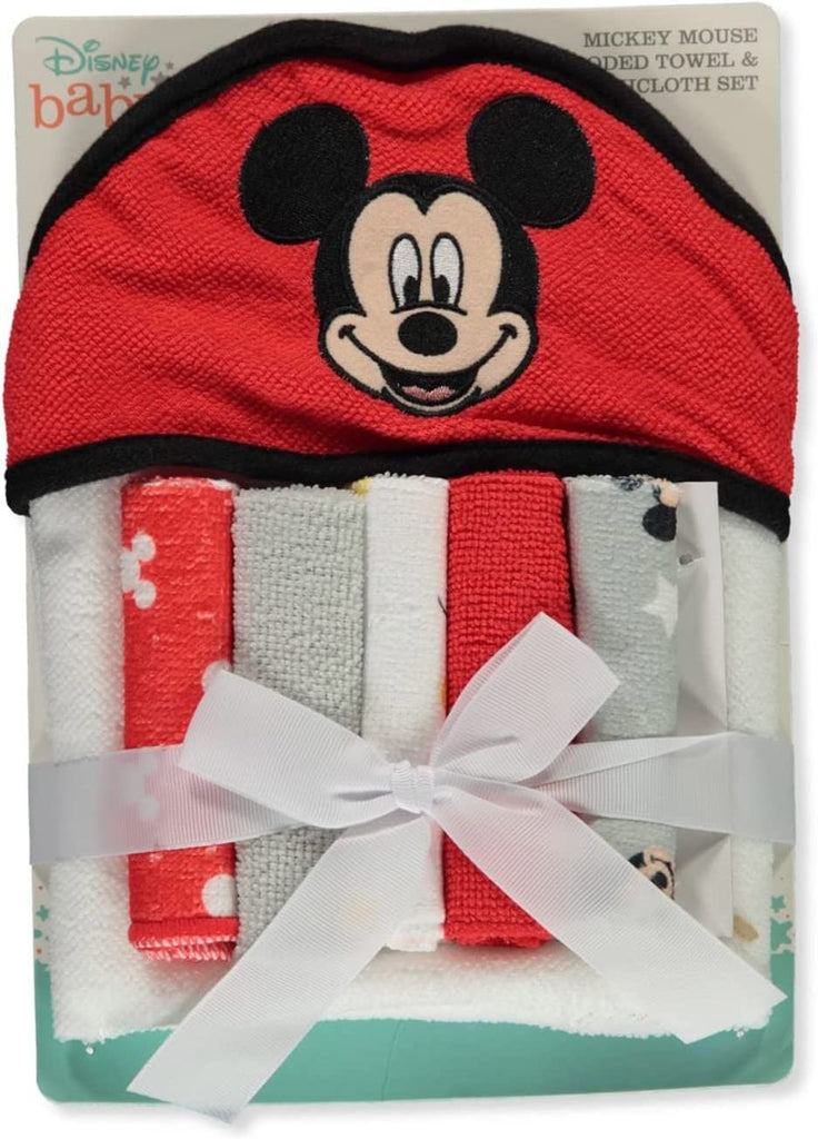 Cudlie Disney Baby Mickey Mouse Happy Face Print (Hooded Towel with 5 Piece Washcloth Set)