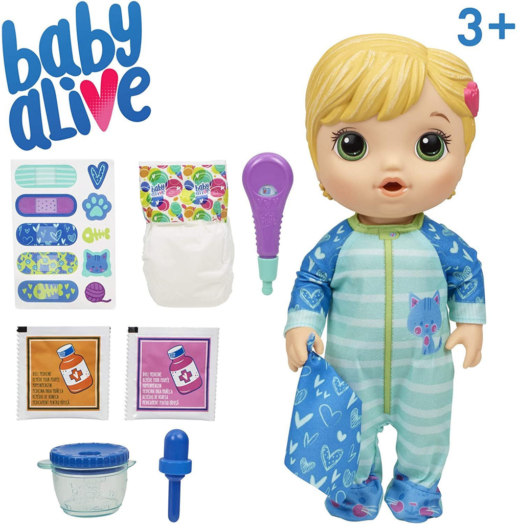 Baby Alive Mix My Medicine Baby Doll, Kitty-Cat Pajamas, Drinks and Wets, Doctor Accessories, Blonde Hair Toy for Kids Ages 3 and Up