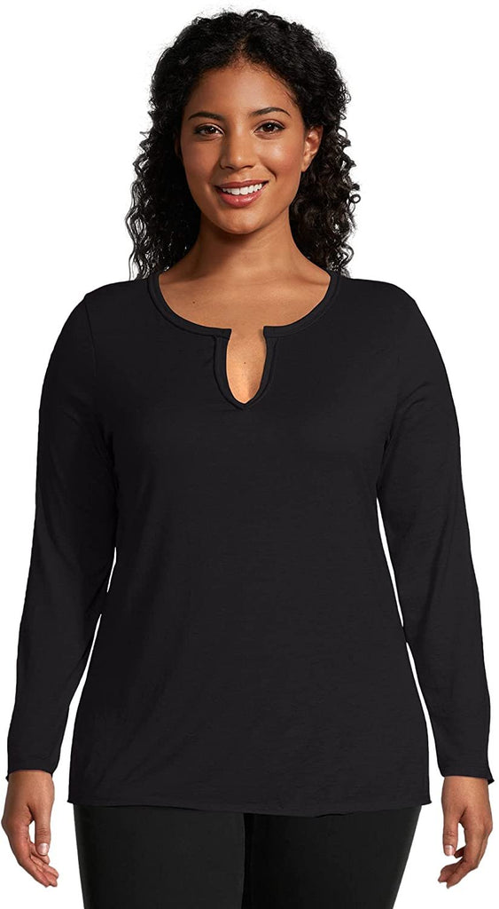 JUST MY SIZE Women's Plus Size Split Neck Long Sleeve Tee