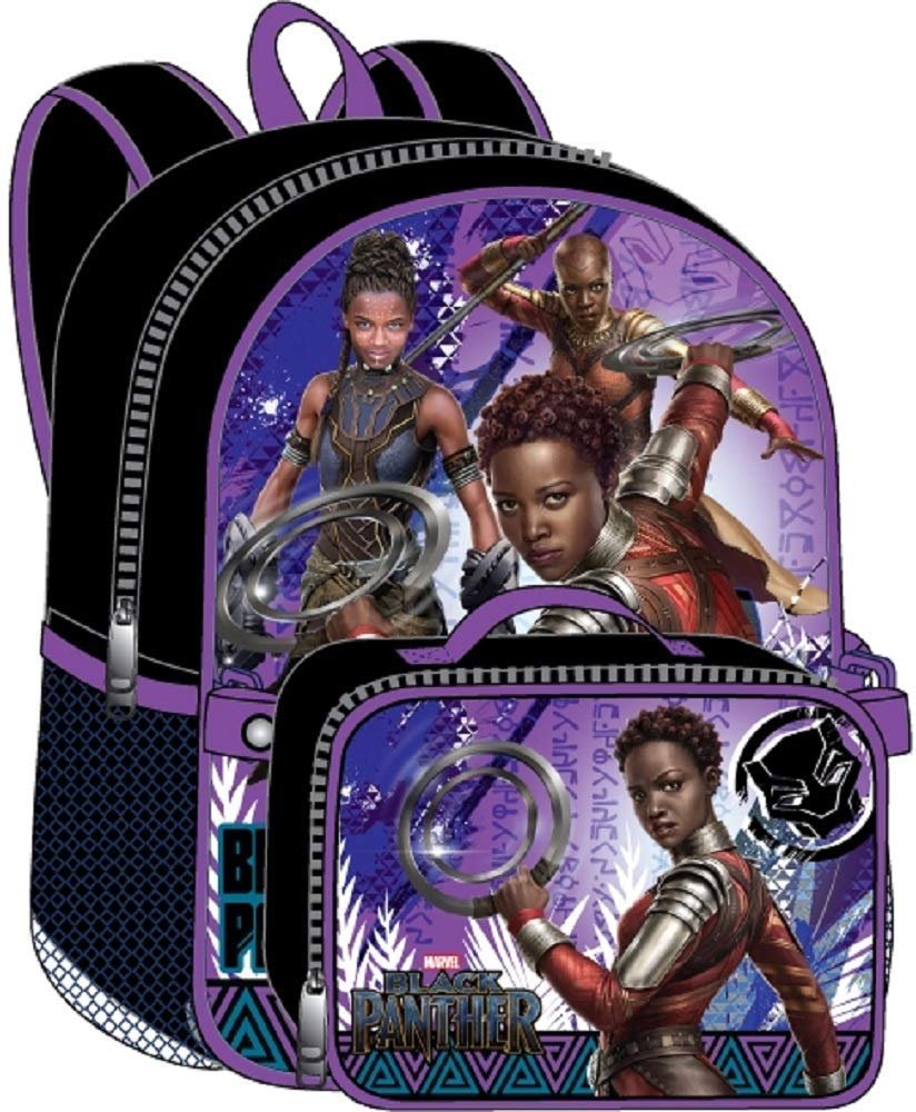 Black Panther Nakia Backpack Lunchkit - Queen 16" Backpack With Lunch Bag Girls