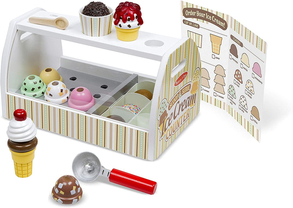 Melissa & Doug Wooden Scoop and Serve Ice Cream Counter (28 pcs) - Play Food and Accessories