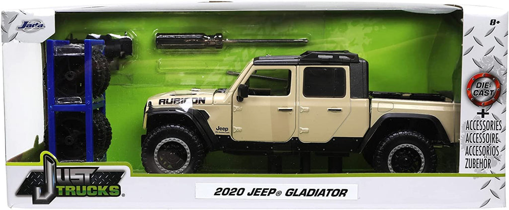 Just Trucks 1:24 2020 Jeep Gladiator Die-cast Car Tan with Tire Rack, Toys for Kids and Adults